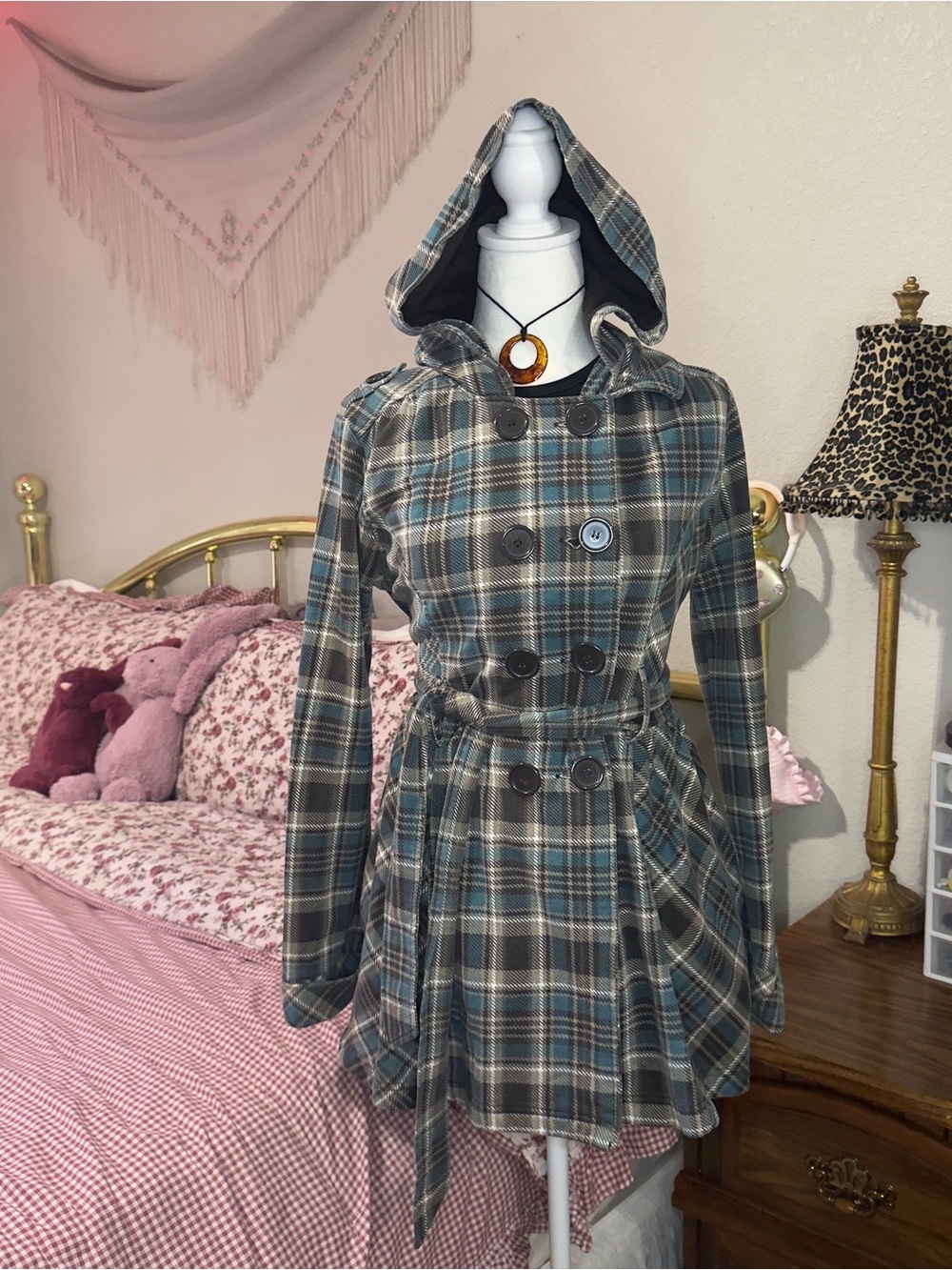Y2K Plaid Hooded Double-Breasted PeaCoat - Teal & Brown